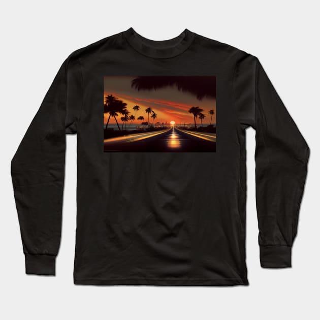 In To The Sunset On The Road To Fantasy Island / Abstract And Surreal Unwind Art Long Sleeve T-Shirt by Unwind-Art-Work